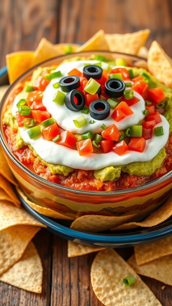 A colorful 7 layer taco dip without refried beans, garnished with olives and green onions, served with tortilla chips.